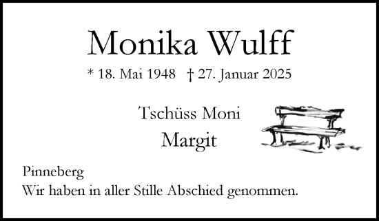 Traueranzeige von Monika Wulff von Region Pinneberg und tip Pinneberg