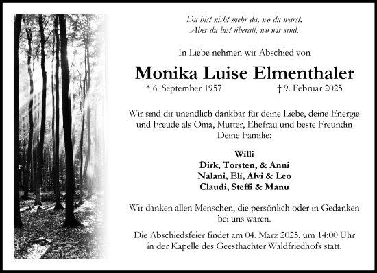 Traueranzeige von Monika Luise Elmenthaler von Wochenend Anzeiger