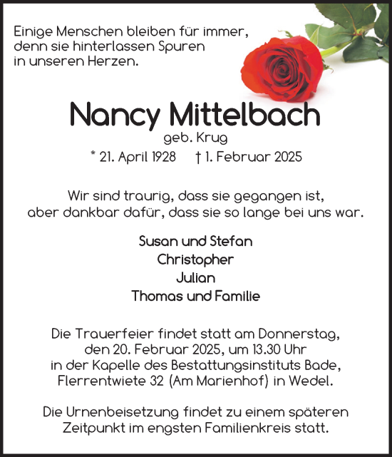 Traueranzeige von Nancy Mittelbach von Wedel-Schulauer Tageblatt, tip Wedel-Schulauer Tageblatt, tip Rissener Rundschau