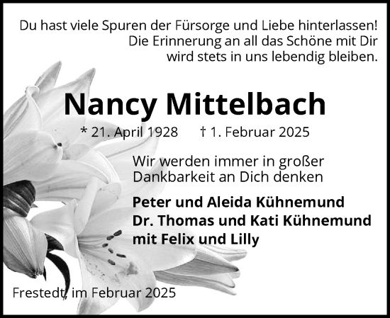 Traueranzeige von Nancy Mittelbach von Wedel-Schulauer Tageblatt, tip Wedel-Schulauer Tageblatt, tip Rissener Rundschau