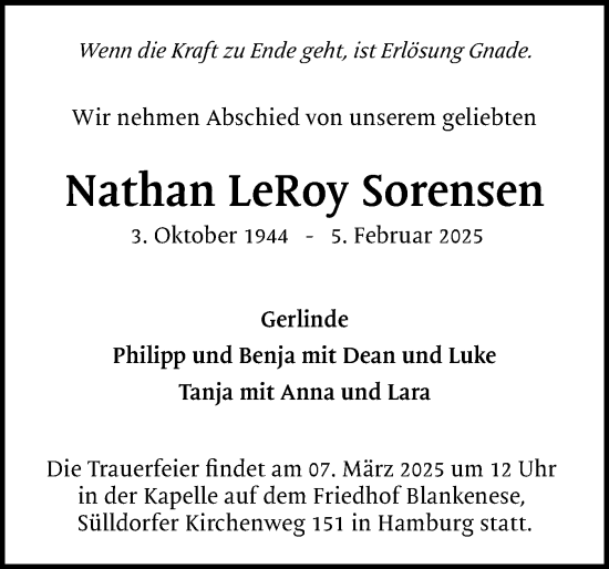 Traueranzeige von Nathan LeRoy Sorensen von Region Pinneberg und tip Pinneberg