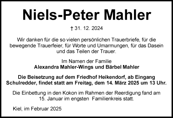 Traueranzeige von Niels-Peter Mahler von Husumer Nachrichten, Nordfriesland Tageblatt