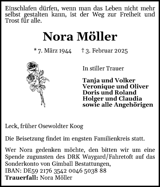 Traueranzeige von Nora Möller von Husumer Nachrichten, Nordfriesland Tageblatt