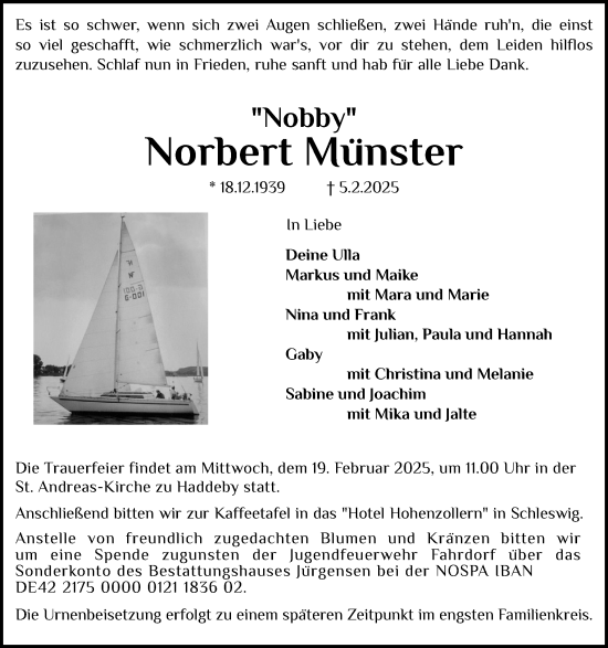 Traueranzeige von Norbert Münster von Schleswiger Nachrichten, Schlei-Bote