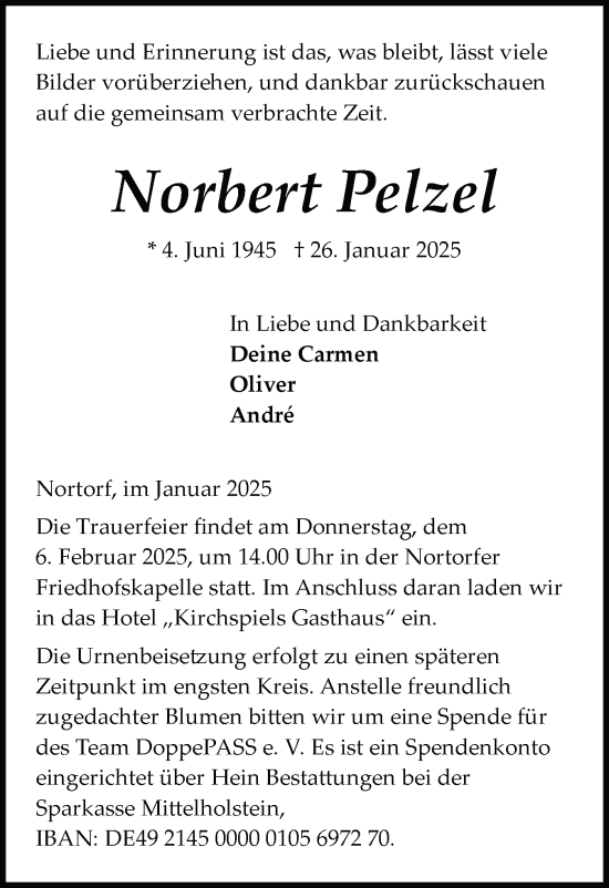 Traueranzeige von Norbert Pelzel von Schleswig-Holsteinische Landeszeitung