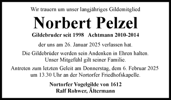 Traueranzeige von Norbert Pelzel von Schleswig-Holsteinische Landeszeitung