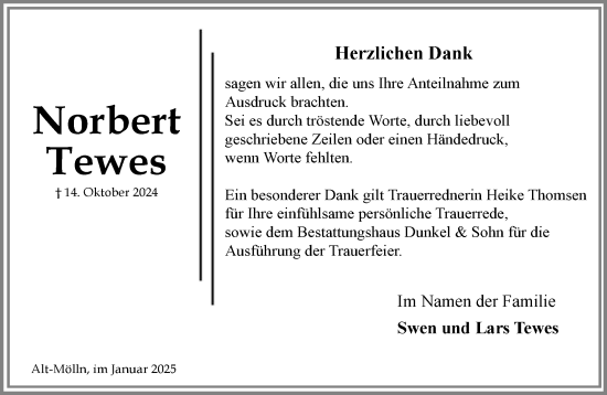 Traueranzeige von Norbert Tewes von MARKT Ratzeburg/Mölln
