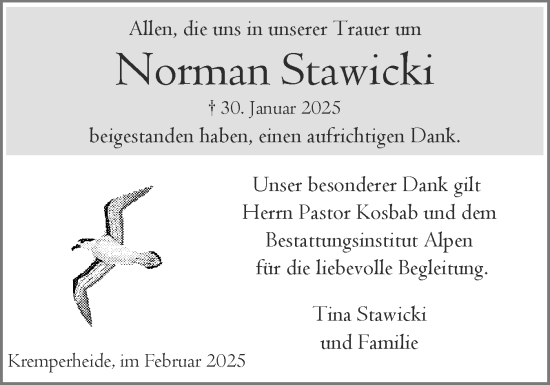 Traueranzeige von Norman Stawicki von Norddeutsche Rundschau, Wilstersche Zeitung, Glückstädter Fortuna