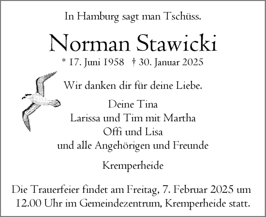 Traueranzeige von Norman Stawicki von Norddeutsche Rundschau, Wilstersche Zeitung, Glückstädter Fortuna