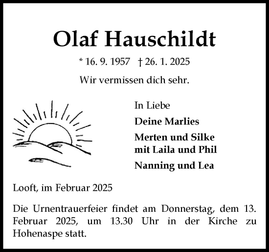 Traueranzeige von Olaf Hauschildt von Norddeutsche Rundschau, Wilstersche Zeitung, Glückstädter Fortuna