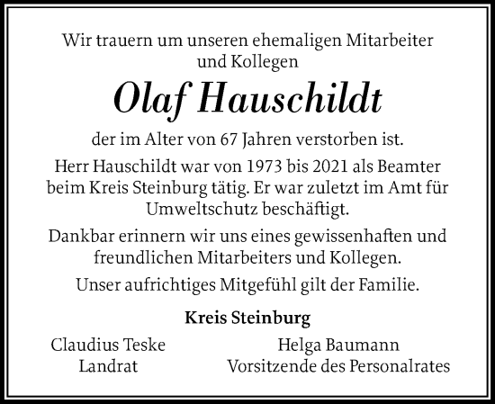 Traueranzeige von Olaf Hauschildt von Norddeutsche Rundschau, Wilstersche Zeitung, Glückstädter Fortuna