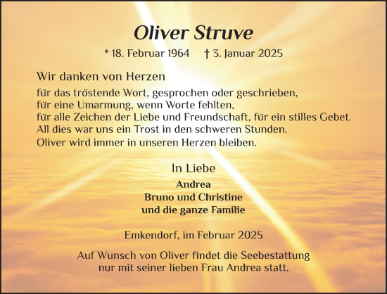 Traueranzeige von Oliver Struve von Schleswig-Holsteinische Landeszeitung