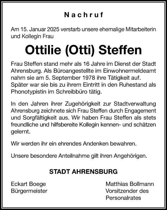 Traueranzeige von Ottilie Steffen von MARKT Ahrensburg/Bargteheide/Trittau und Stormarner Tageblatt