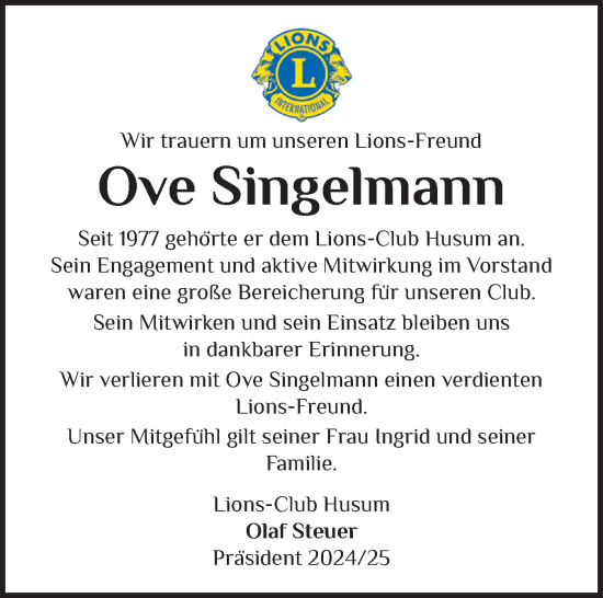 Traueranzeige von Ove Singelmann von Husumer Nachrichten, Nordfriesland Tageblatt