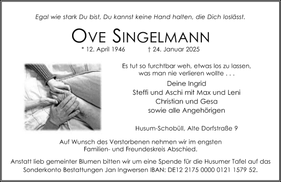 Traueranzeige von Ove Singelmann von Husumer Nachrichten, Nordfriesland Tageblatt