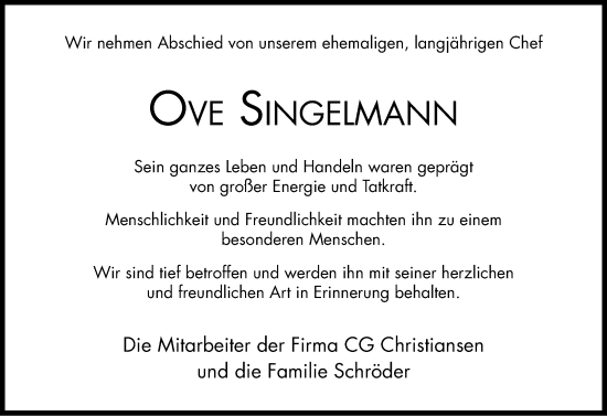 Traueranzeige von Ove Singelmann von Husumer Nachrichten, Nordfriesland Tageblatt