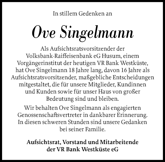 Traueranzeige von Ove Singelmann von Husumer Nachrichten, Nordfriesland Tageblatt