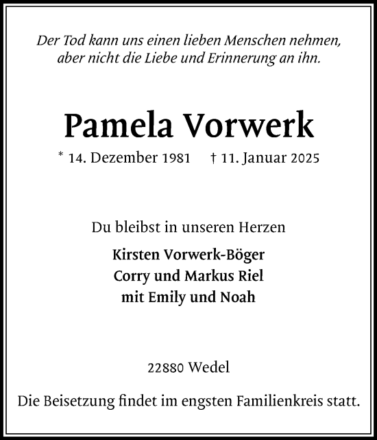Traueranzeige von Pamela Vorwerk von Wedel-Schulauer Tageblatt, tip Wedel-Schulauer Tageblatt, tip Rissener Rundschau