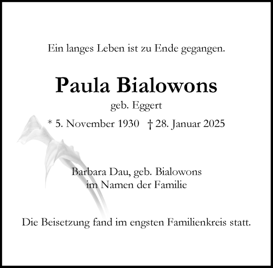 Traueranzeige von Paula Bialowons von Heimatspiegel
