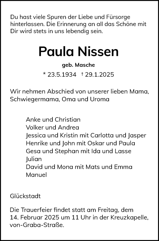 Traueranzeige von Paula Nissen von Norddeutsche Rundschau, Wilstersche Zeitung, Glückstädter Fortuna