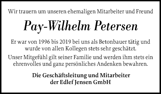 Traueranzeige von Pay-Wilhelm Petersen von Region Westküste