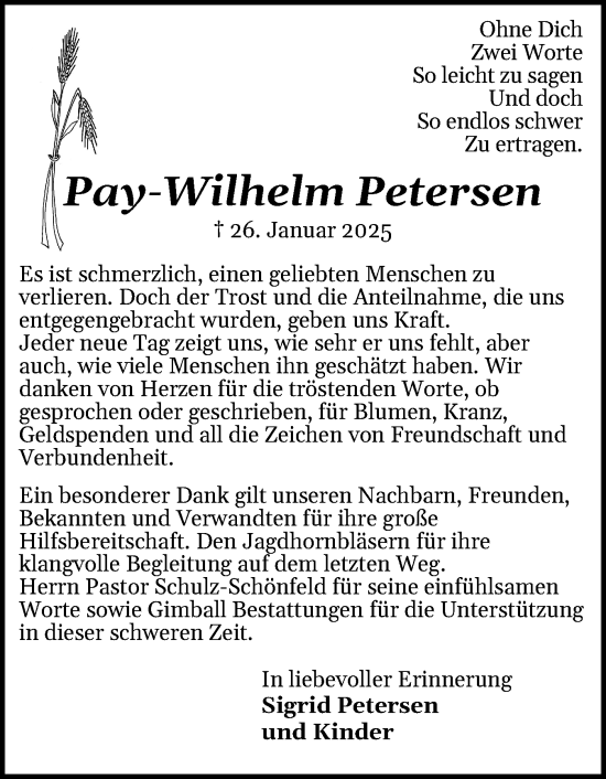 Traueranzeige von Pay-Wilhelm Petersen von Husumer Nachrichten, Nordfriesland Tageblatt
