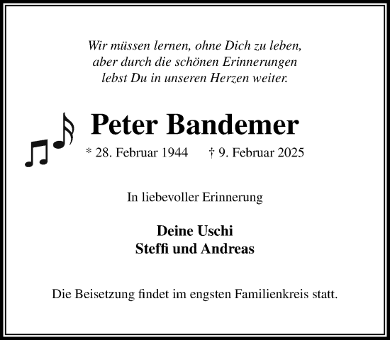 Traueranzeige von Peter Bandemer von MARKT Glinde/Reinfeld