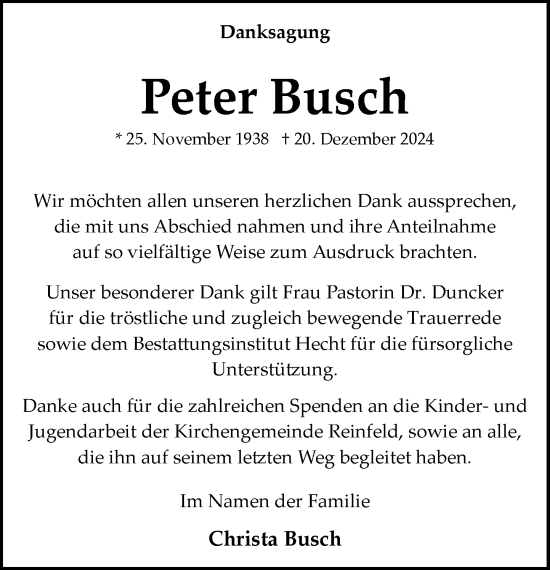 Traueranzeige von Peter Busch von MARKT Bad Oldesloe/Reinfeld und Stormarner Tageblatt