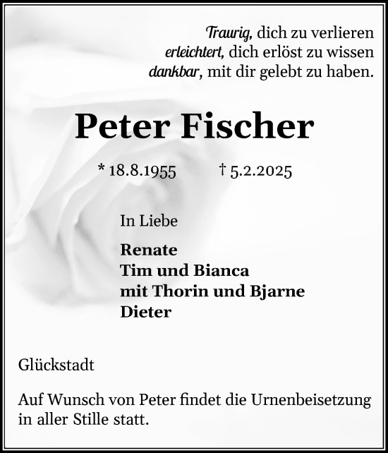 Traueranzeige von Peter Fischer von Norddeutsche Rundschau, Wilstersche Zeitung, Glückstädter Fortuna