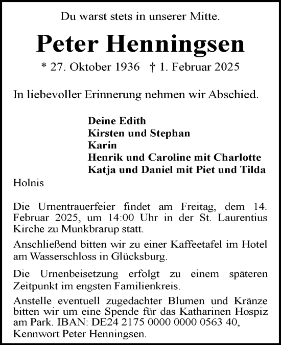 Traueranzeige von Peter Henningsen von Flensburger Tageblatt