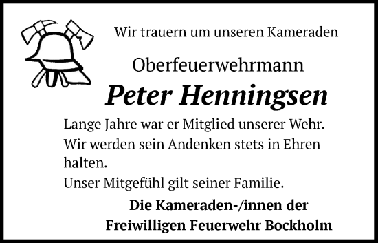 Traueranzeige von Peter Henningsen von Flensburger Tageblatt