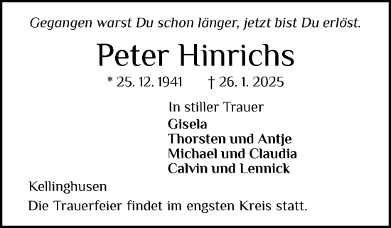 Traueranzeige von Peter Hinrichs von Norddeutsche Rundschau, Wilstersche Zeitung, Glückstädter Fortuna