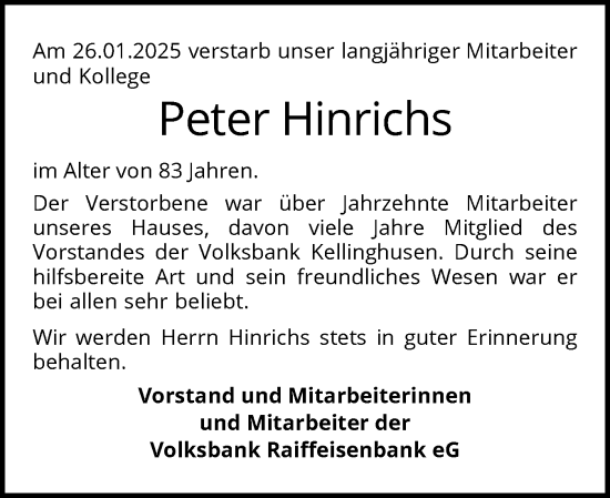Traueranzeige von Peter Hinrichs von Norddeutsche Rundschau, Wilstersche Zeitung, Glückstädter Fortuna