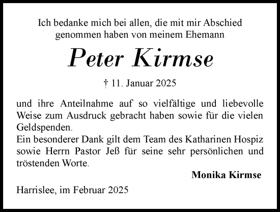 Traueranzeige von Peter Kirmse von Flensburger Tageblatt