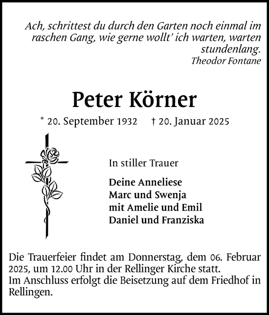 Traueranzeige von Peter Körner von Region Pinneberg und tip Pinneberg