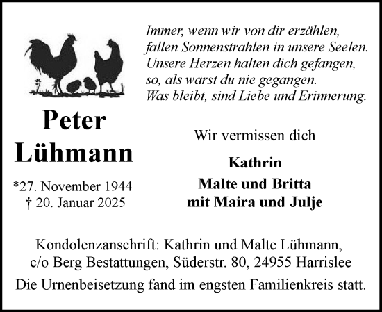 Traueranzeige von Peter Lühmann von Region Flensburg