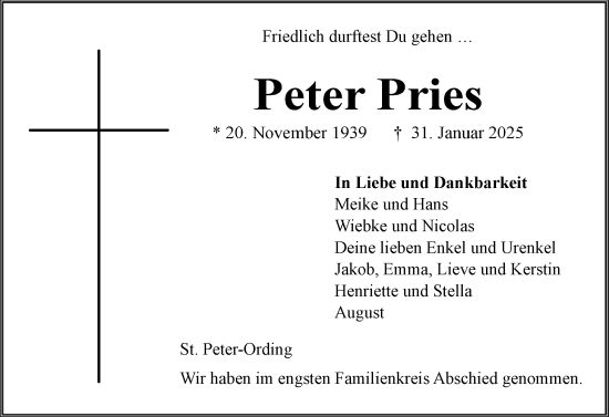 Traueranzeige von Peter Pries von Husumer Nachrichten, Nordfriesland Tageblatt
