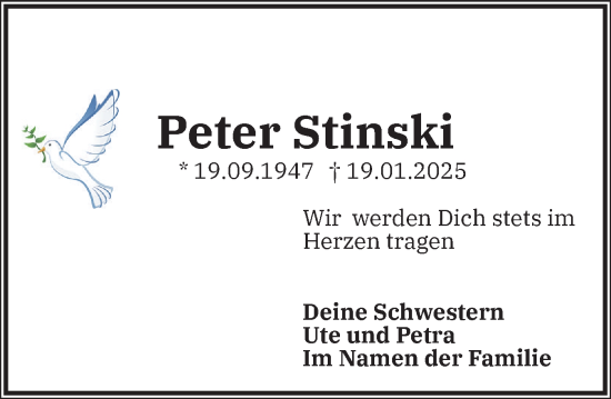 Traueranzeige von Peter Stinski von Region Pinneberg und tip Pinneberg
