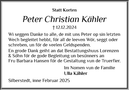 Traueranzeige von Peter Christian Kähler von Schleswiger Nachrichten, Schlei-Bote