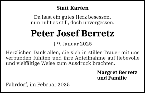 Traueranzeige von Peter Josef Berretz von Die WochenSchau Gesamtausgabe