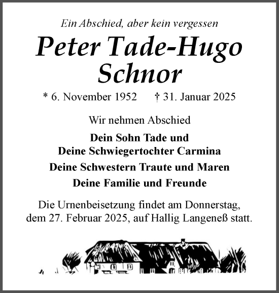 Traueranzeige von Peter Tade-Hugo Schnor von Husumer Nachrichten, Nordfriesland Tageblatt