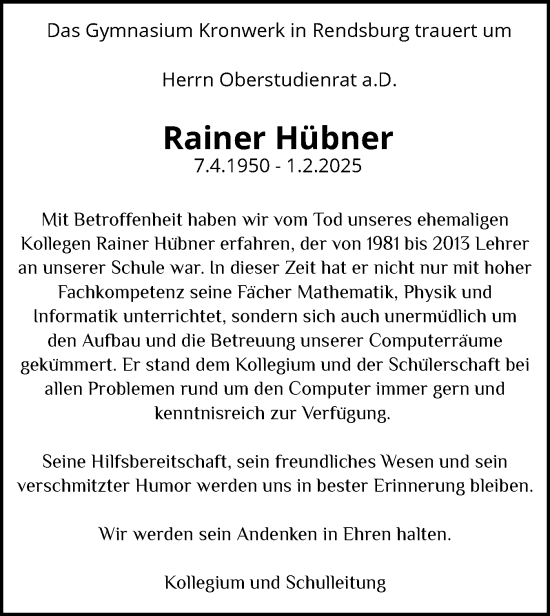 Traueranzeige von Rainer Hübner von Schleswig-Holsteinische Landeszeitung