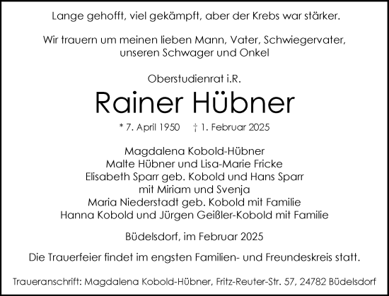 Traueranzeige von Rainer Hübner von Schleswig-Holsteinische Landeszeitung