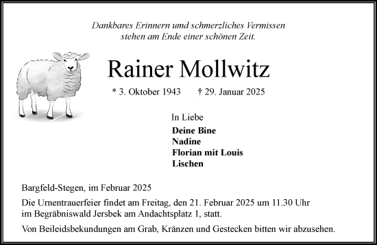Traueranzeige von Rainer Mollwitz von MARKT Ahrensburg/Bargteheide/Trittau und Stormarner Tageblatt