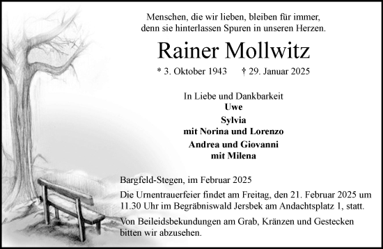 Traueranzeige von Rainer Mollwitz von MARKT Ahrensburg/Bargteheide/Trittau und Stormarner Tageblatt