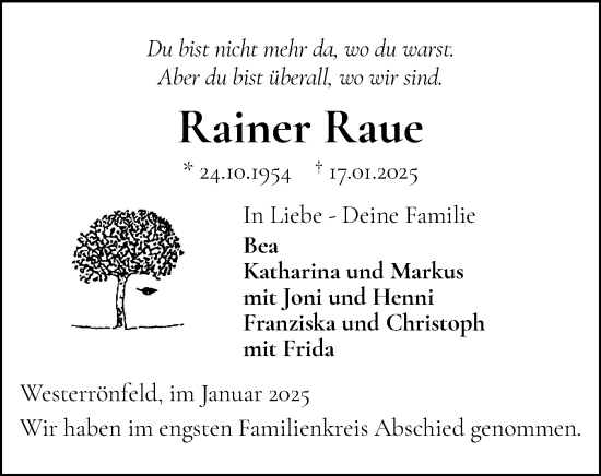 Traueranzeige von Rainer Raue von Schleswig-Holsteinische Landeszeitung