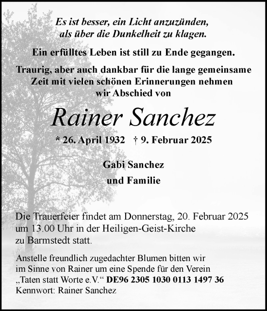 Traueranzeige von Rainer Sanchez von Elmshorner Nachrichten, Barmstedter Zeitung