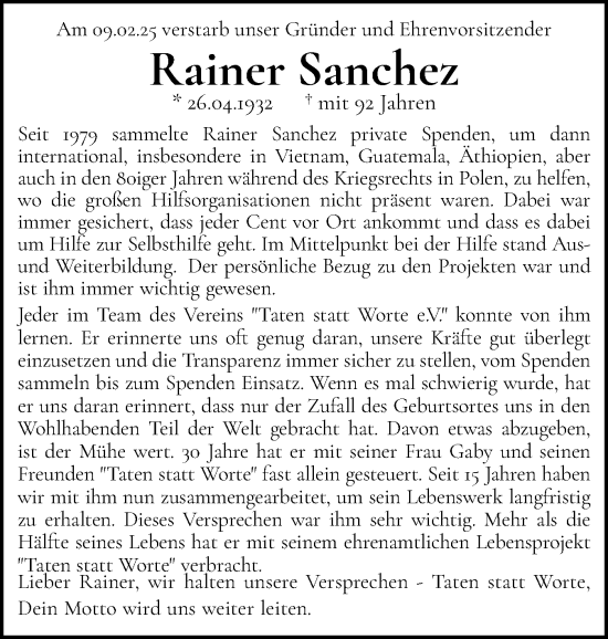 Traueranzeige von Rainer Sanchez von Region Steinburg-Elmshorn