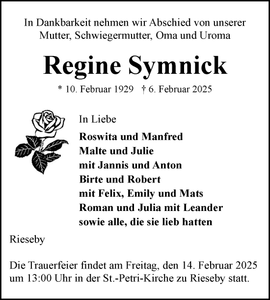 Traueranzeige von Regine Symnick von Eckernförder Zeitung