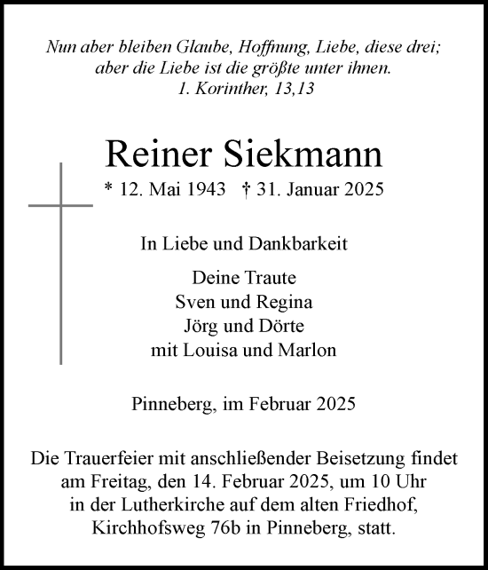 Traueranzeige von Reiner Siekmann von Region Pinneberg und tip Pinneberg